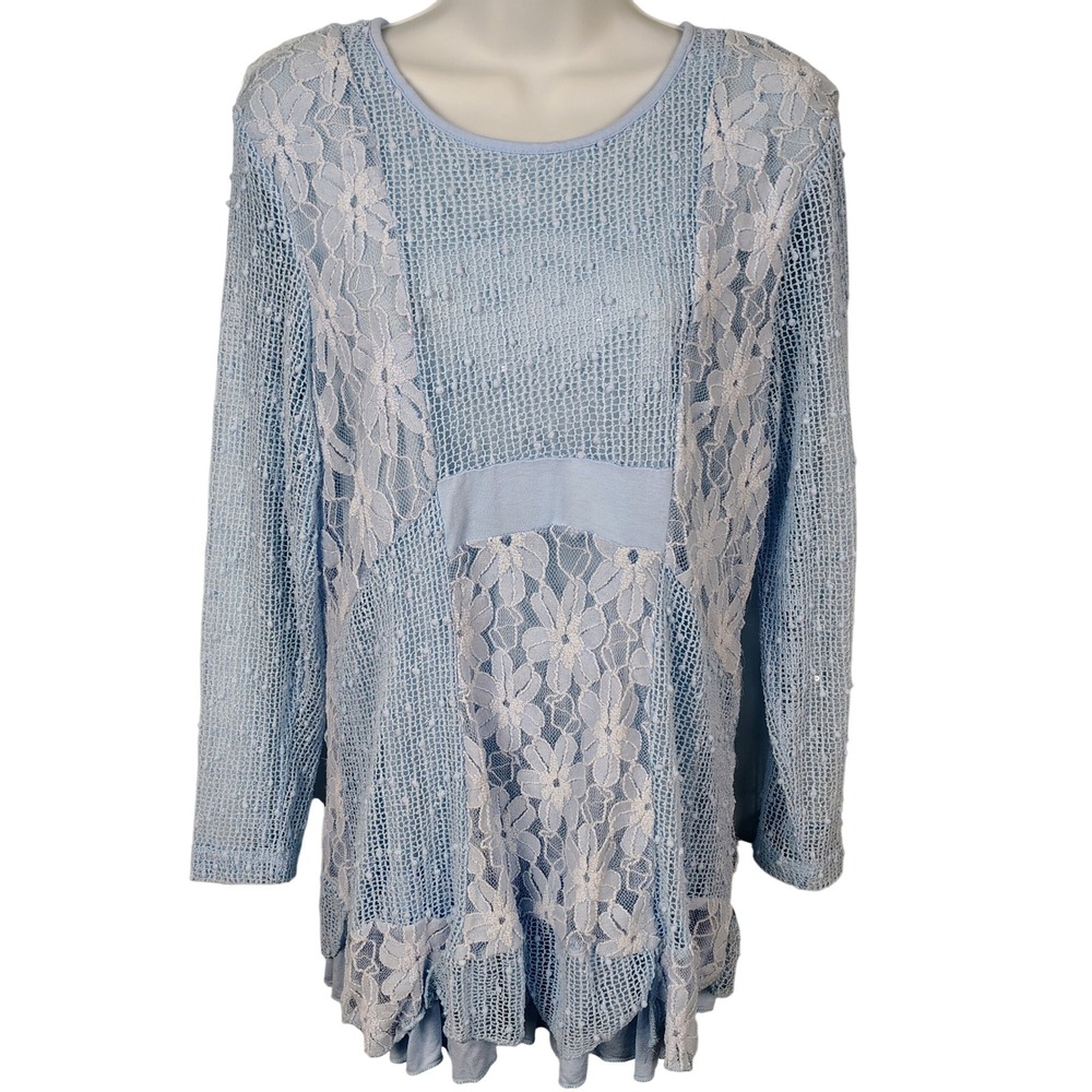 Indigo Soul Light Blue Floral Lace Mesh Mixed Media Tunic Top Long Sleeve Medium